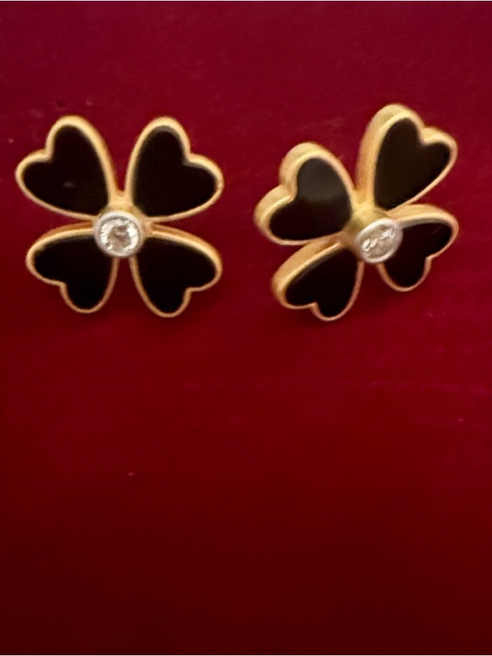 Black and Gold Clover Stud Earrings with Crystal Accent